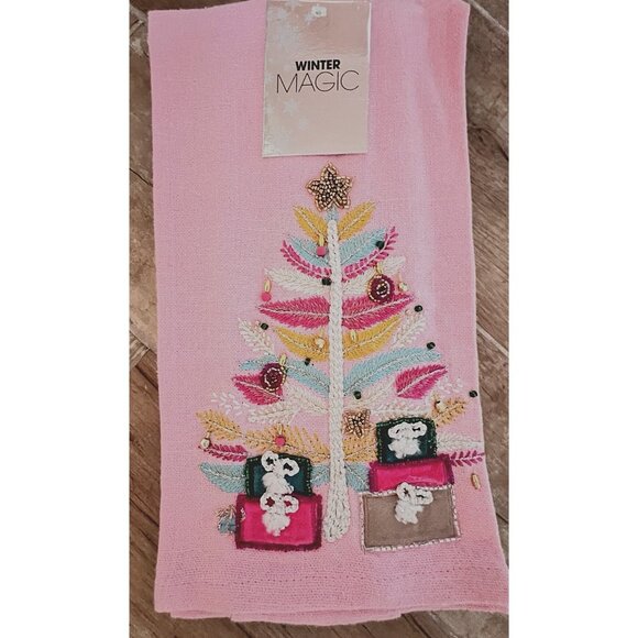 CHRISTMAS PINK Kitchen Towel Set of 2 Embroidered BEADED Detailed HOSTESS GIFT - Picture 2 of 12